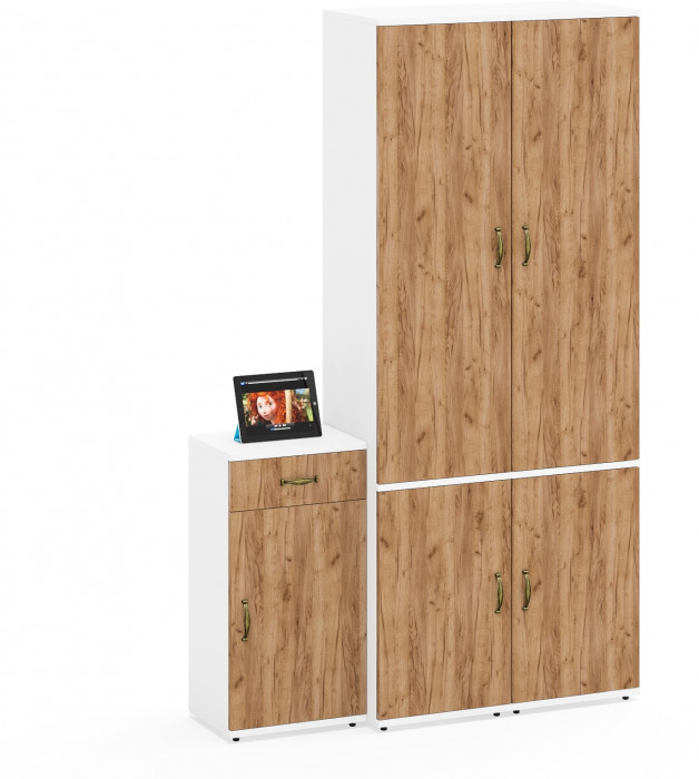 Лидер-8 Пенал МД 22Б + Пенал МД 22Б + Тумба МД 3.15, белый шагрень/крафт золото