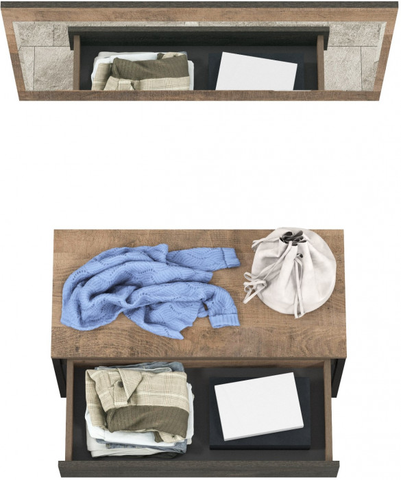 Трувор 13.241.03 Тумба для обуви + 15.30 Зеркало, цвет дуб гранж песочный/интра, ШхГхВ 80х36,6х195 см.