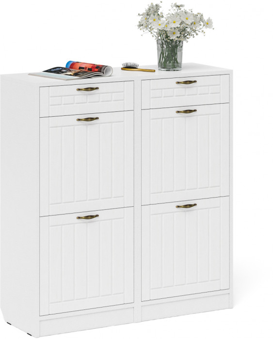 Прихожая П-6 Тумба для обуви 2 секции + Тумба для обуви 2 секции, цвет белая шагрень/фасады МДФ белое дерево фрезеровка прованс, ШхГхВ 100х35х108,3 см