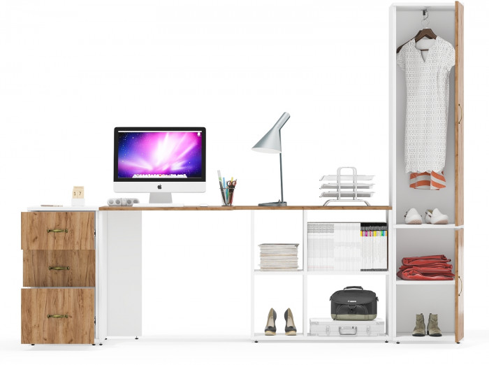 Лидер-8 Стол + Тумба МД 3.16 + Пенал МД 21Б, белый шагрень/крафт золото