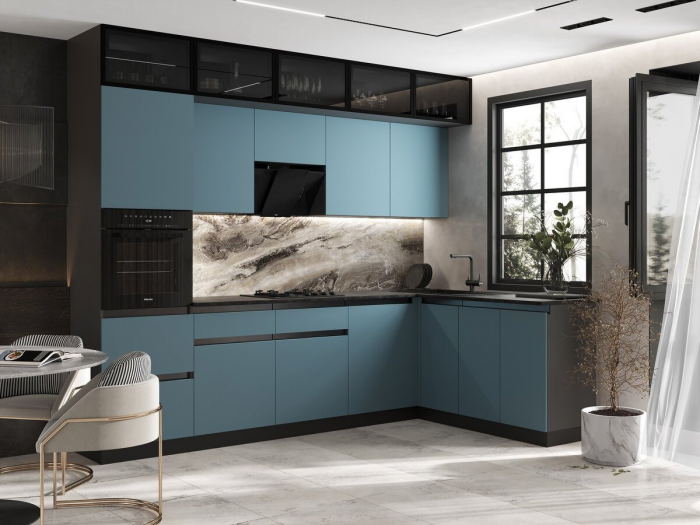 Кухня Техно-6 3,0х1,8м Графит/Браш Блю