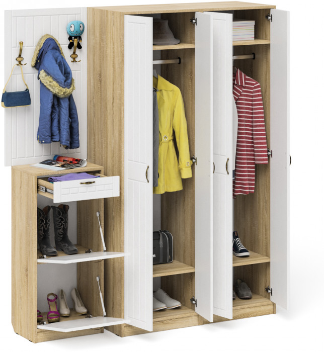 Прихожая П-6 Компоновка № 15, цвет дуб сонома/фасады МДФ белое дерево фрезеровка прованс, ШхГхВ 180х50х210 см., универсальная сборка