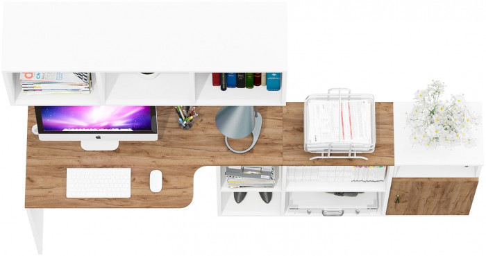 Лидер-8 Стол + Полка + Тумба МД 3.19, цвет белый шагрень/крафт золото, ШхГхВ 205х50/30х75 см. или 115х50/120х75 см., НЕ универсальная сборка