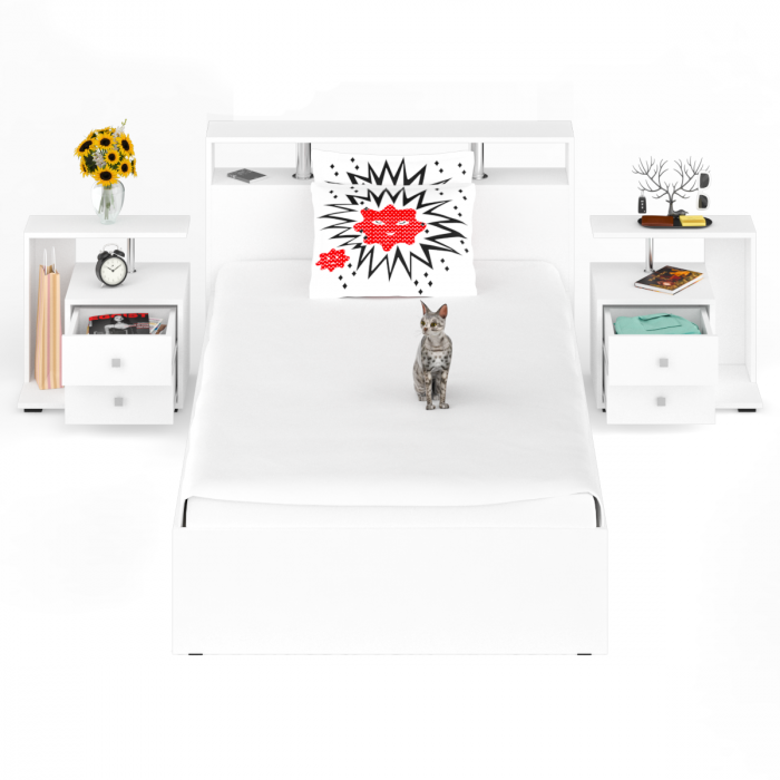 Камелия Кровать 1200 + две тумбы, цвет белый, ШхГхВ 236х217х78,2 см., сп.м. 1200х2000 мм., без матраса, основание есть