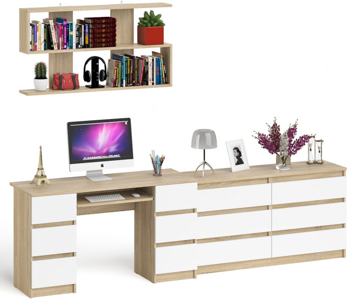 Мори компьютерный стол МС-2 + Комод МК1380.6 + Полка 1200, дуб сонома/белый