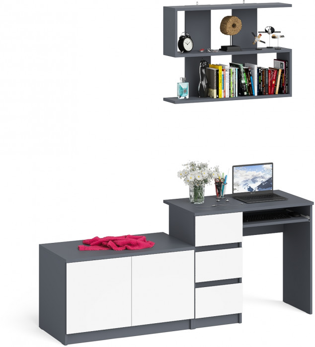 Мори Стол компьютерный МС-6 левый + Тумба МА900.1 + Полка 900, цвет графит/белый, ШхГхВ 180,4х50,4х209,6 см., НЕ универсальная сборка