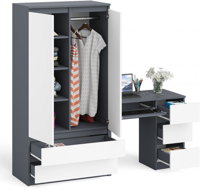Мори Стол компьютерный МС-6 правый + Шкаф МШ900.1, цвет графит/белый, ШхГхВ 180,4х50,4х179,6 см., выдвижные ящики справа, НЕ универсальная сборка