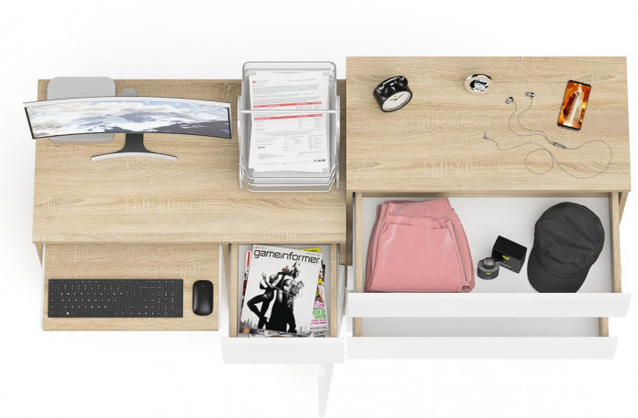 Мори компьютерный стол МС-1 правый + Комод МК800.4, дуб сонома/белый