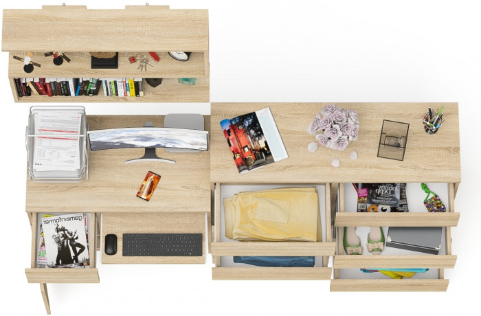 Мори Стол компьютерный МС-1 левый + Комод МК1200.8 + Полка 900, цвет дуб сонома, ШхГхВ 210,4х50х209,6 см., НЕ универсальная сборка