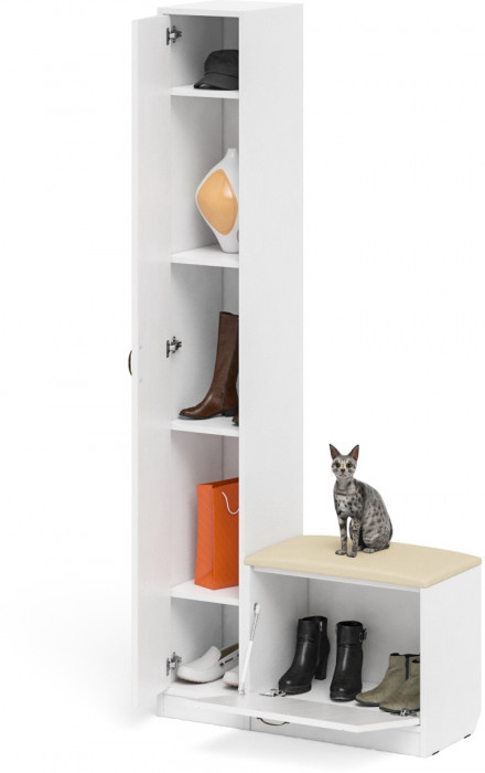 Прихожая П-6 Компоновка № 19, цвет белая шагрень/фасады МДФ белое дерево фрезеровка прованс, ШхГхВ 90х35х210 см., универсальная сборка