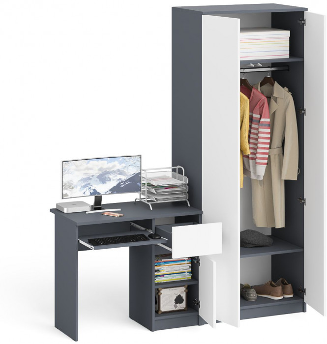 Мори компьютерный стол МС-1 правый + Шкаф МШ800.1, графит/белый