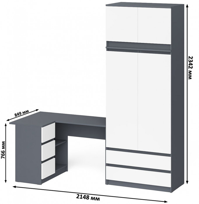Мори компьютерный стол МС-16 левый + Шкаф МШ900.1 + Антресоль МА900.1, графит/белый