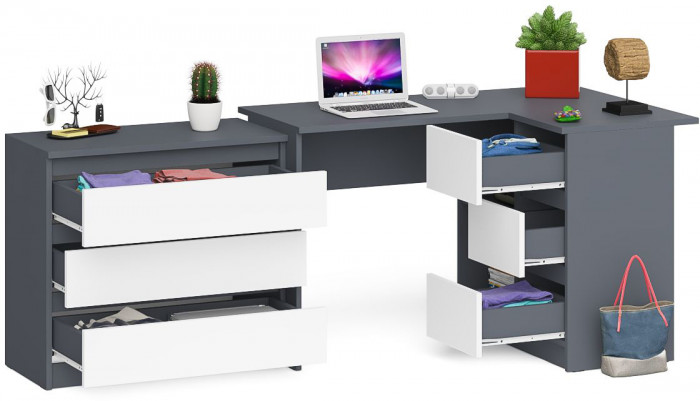 Мори компьютерный стол МС-16 правый + Комод МК800.1, графит/белый