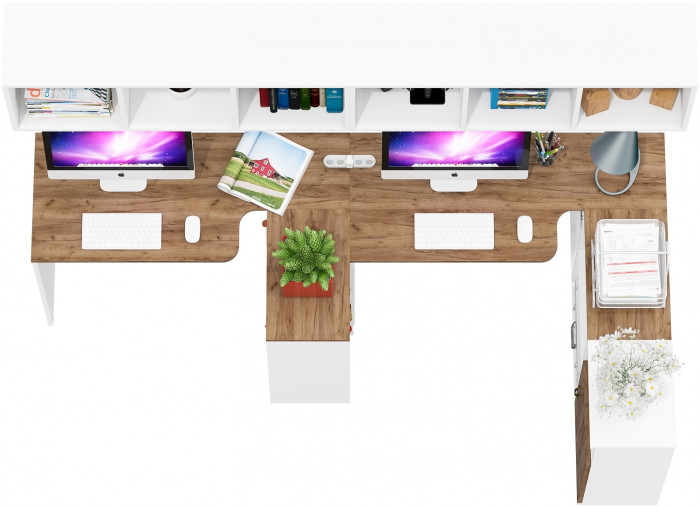 Лидер-8 Стол + Полка + Стол + Полка + Тумба МД 3.19, цвет белый шагрень/крафт золото, ШхГхВ 370х50/30х75 см. или 230х50/120х75 см., НЕ универс. сборка