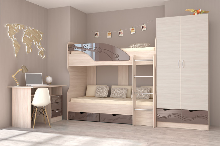 Детская комната Бриз МДФ, набор 3, Ясень светлый/Шоколад (Волна)