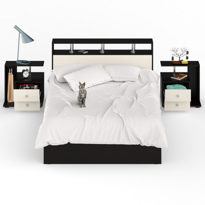 Камелия Кровать 1400 + две тумбы, цвет венге/дуб лоредо, ШхГхВ 256х217х78,2 см., сп.м. 1400х2000 мм., без матраса, основание есть