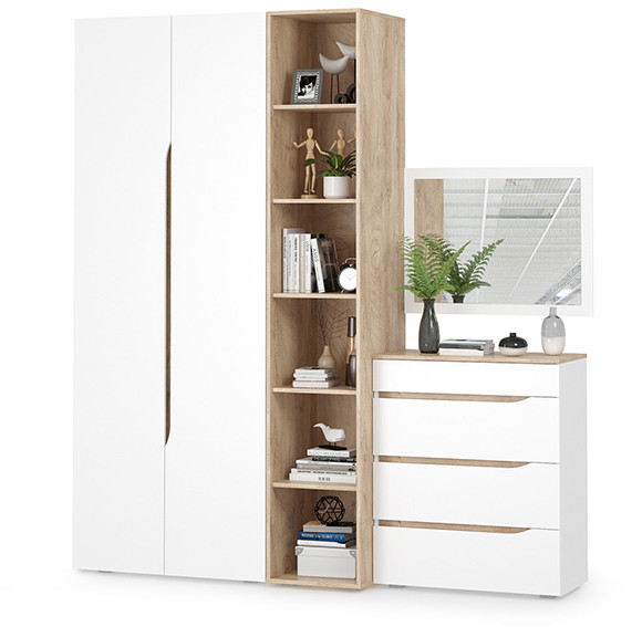 Муссон 13.198 Шкаф + 13.349 Стеллаж + 13.97 Комод + Зеркало СВК, белый/дуб эндгрейн элегантный