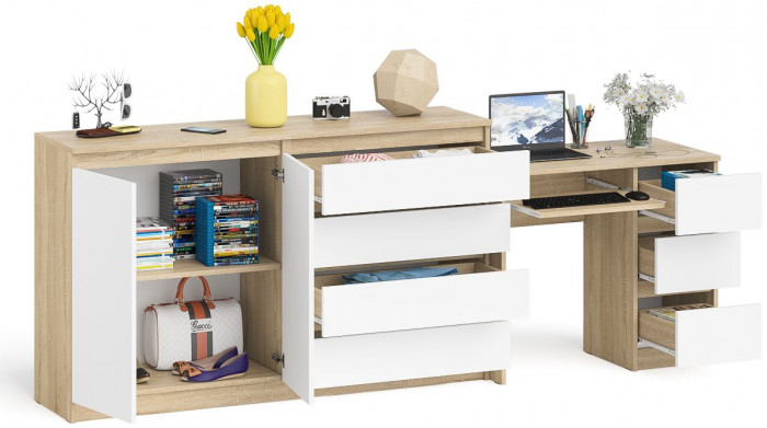Мори Стол компьютерный МС-6 правый + Комод МК1600.1, цвет дуб сонома/белый, ШхГхВ 250,4х50х94 см., выдвижные ящики справа, НЕ универсальная сборка
