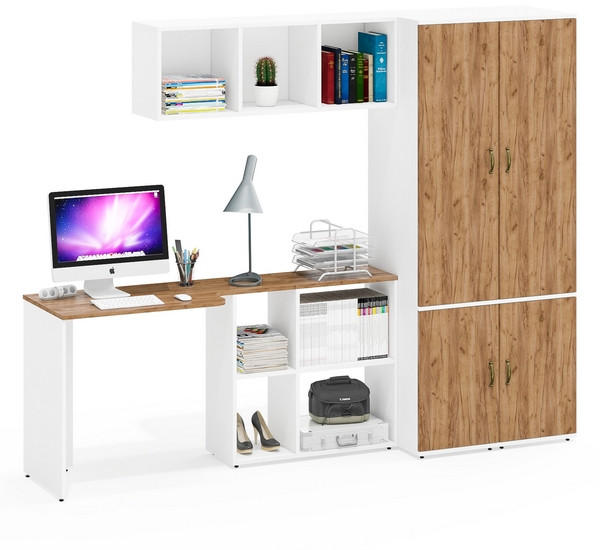 Лидер-8 Стол + Полка + Пенал МД 23Б + Пенал МД 23Б, белый шагрень/крафт золото