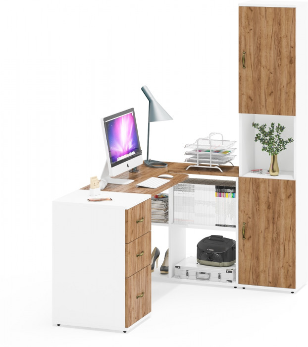 Лидер-8 Стол + Тумба МД 3.16 + Пенал, белый шагрень/крафт золото