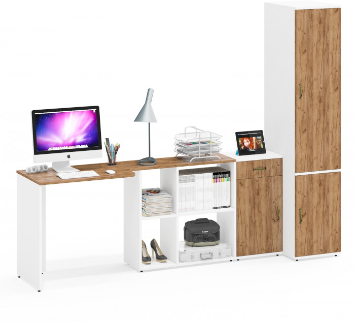 Лидер-8 Стол + Тумба МД 3.15 + Пенал МД 23Б, белый шагрень/крафт золото