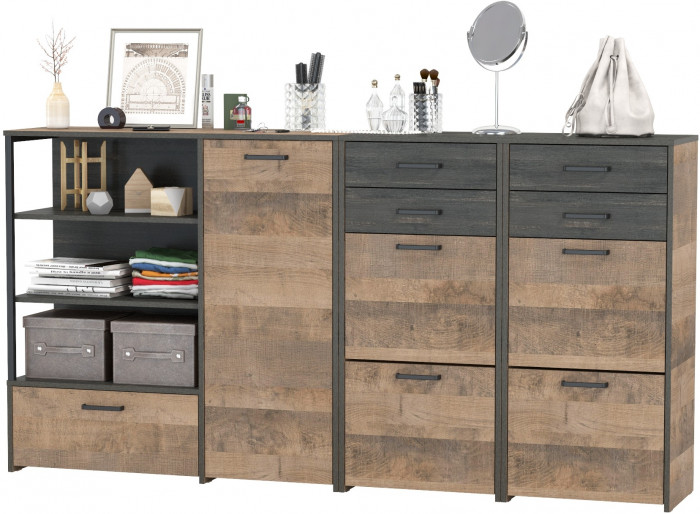 Трувор 13.241.06 Тумба для обуви + 13.307.01 Комод + 13.241.06 Тумба для обуви, цвет дуб гранж песочный/интра, ШхГхВ 209х37х106,9 см., универс. сборка