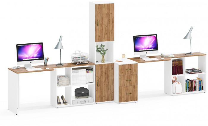 Лидер-8 Стол + Стол + Пенал + Тумба МД 3.16, цвет белый шагрень/крафт золото, ШхГхВ 410х50/30х75/190 см. или 230х50/160х75/190 см., НЕ универс. сборка