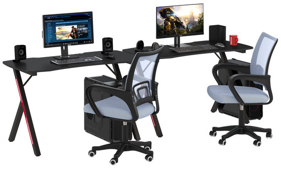 Два игровых стола Мебель--24 GT-2310 + два кресла компьютерных 103 серых, цвет чёрный, ШхГхВ 240х60х73 + 59х56х83-94 см.