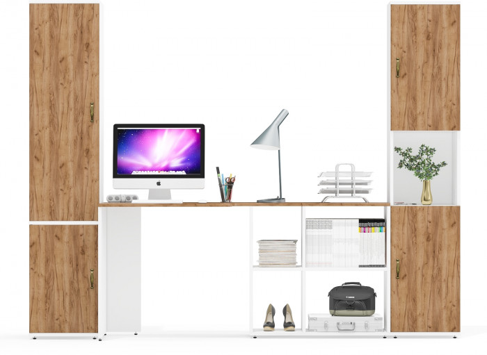 Лидер-8 Пенал МД 21Б + Стол + Пенал, цвет белый шагрень/крафт золото, ШхГхВ 245х50/37,5х75/190 или 155х120/50х75/190 см., НЕ универсальная сборка