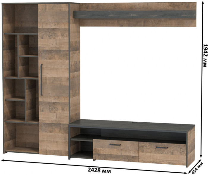 Трувор 13.70 Тумба под ТВ + 13.206 Шкаф-стеллаж + 15.60 Полка, дуб гранж песочный/интра