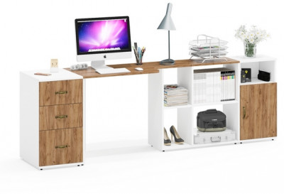 Лидер-8 Стол + Тумба МД 3.16 + Тумба МД 3.19, белый шагрень/крафт золото