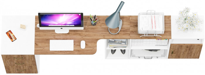 Лидер-8 Стол + Тумба МД 3.16 + Тумба МД 3.19, белый шагрень/крафт золото