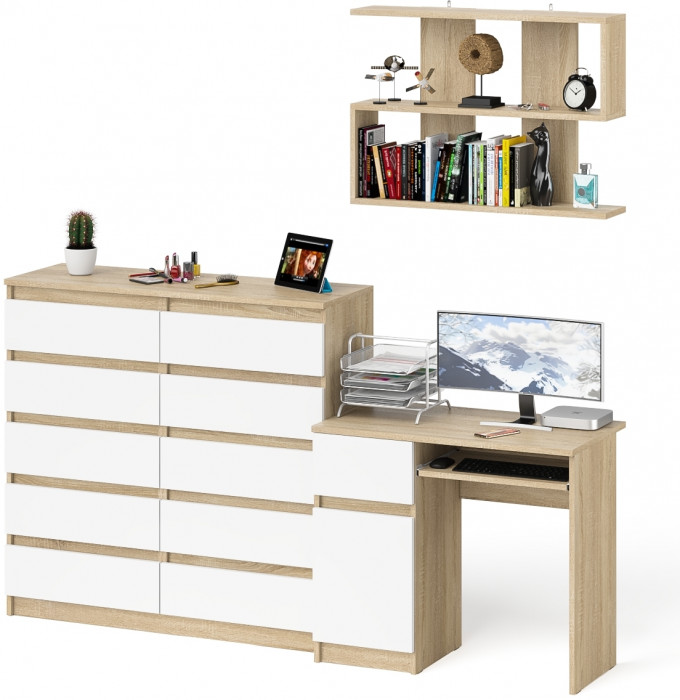 Мори компьютерный стол МС-1 левый + Комод МК1200.10 + Полка 900, дуб сонома/белый