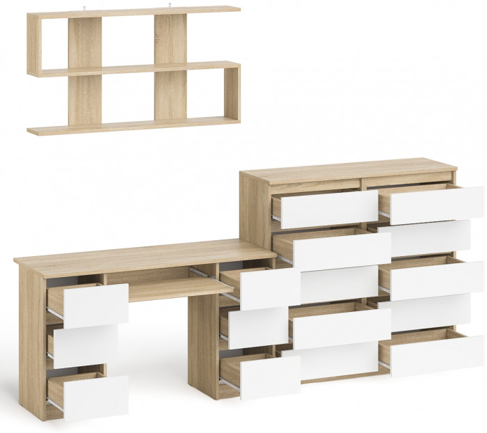 Мори компьютерный стол МС-2 + Комод МК1200.10 + Полка 1200, дуб сонома/белый
