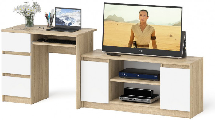 Мори компьютерный стол МС-6 левый + Тумба МТВ1200.1, дуб сонома/белый