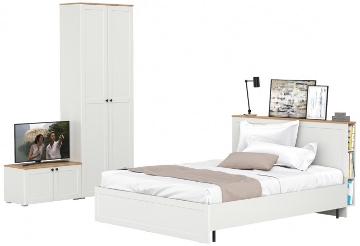 Остин 11.53 Кровать + ортопед + 16.307 Шкаф + 13.257 Тумба, белый шагрень/дуб крафт золотой