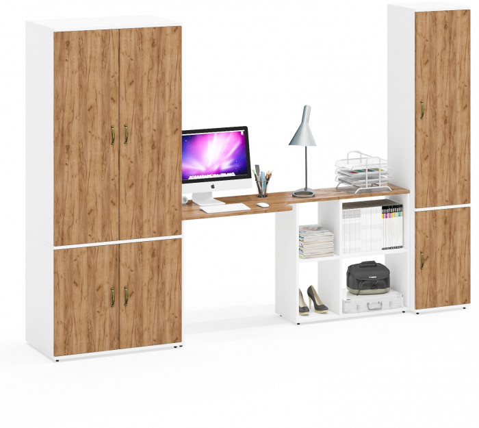 Лидер-8 Шкаф МД 19Б + Стол + Пенал 22Б, цвет белый шагрень/крафт золото, ШхГхВ 285х50/37,5х75/190 или 195х120х75/190 см., НЕ ун.сб.