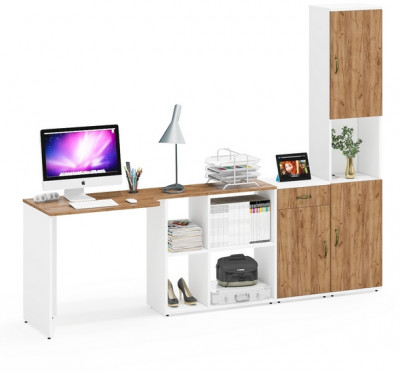 Лидер-8 Стол + Тумба МД 3.15 + Пенал, белый шагрень/крафт золото