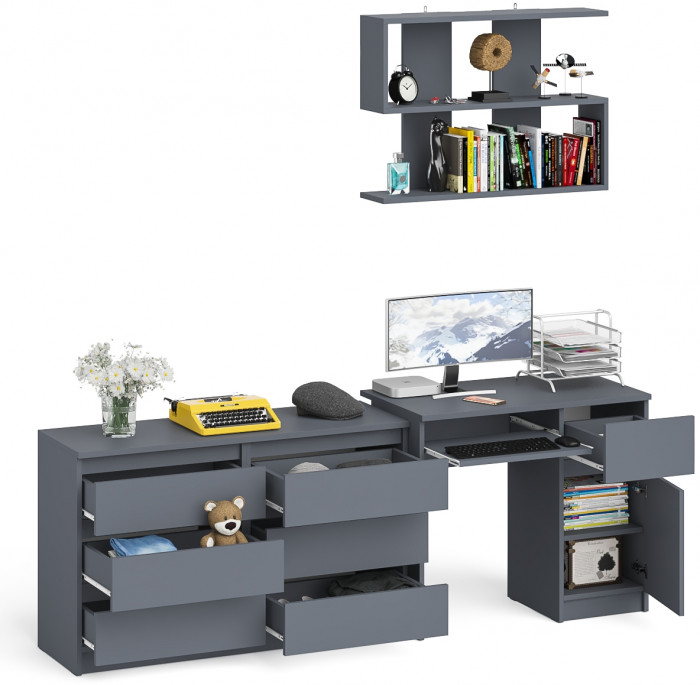 Мори Стол компьютерный МС-1 правый + Комод МК1200.6 + Полка 900, цвет графит, ШхГхВ 210,4х50х209,6 см., НЕ универсальная сборка