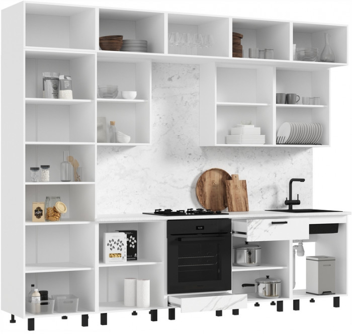 Кухня Техно 3,0/1080м Компоновка №6, Белый/Мрамор белый/Экзотическое дерево Амазония (Антарес)