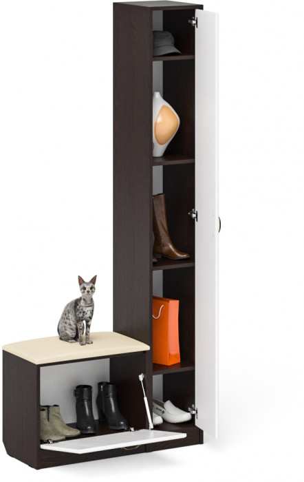 Прихожая П-6 Компоновка № 19, цвет венге/фасады МДФ белое дерево фрезеровка ромб, ШхГхВ 90х35х210 см., универсальная сборка