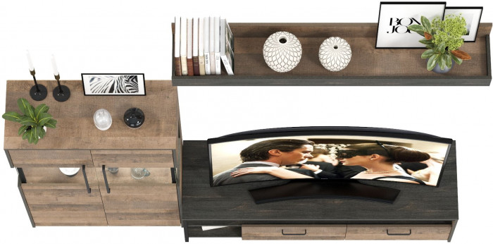 Трувор 13.70 Тумба под ТВ + 13.306 Комод с витриной + 15.60 Полка, дуб гранж песочный/интра