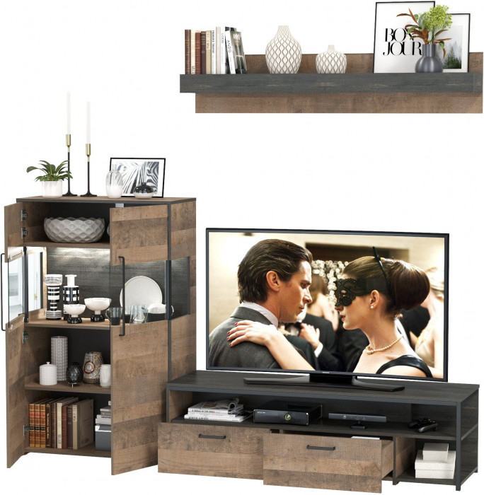 Трувор 13.70 Тумба под ТВ + 13.306 Комод с витриной + 15.60 Полка, дуб гранж песочный/интра