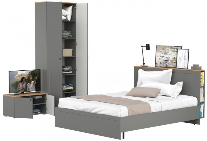 Остин 11.53 Кровать + ортопед + 16.307 Шкаф + 13.257 Тумба, серый графит/дуб крафт золотой