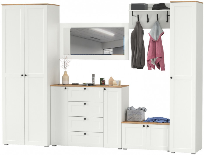 Остин Прихожая 55, цвет белый шагрень/дуб крафт золотой, ШхГхВ 320х54,3х229,6 см., универсальная сборка