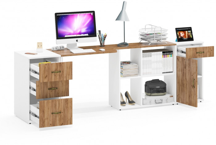 Лидер-8 Стол + Тумба МД 3.15 + Тумба МД 3.16, белый шагрень/крафт золото