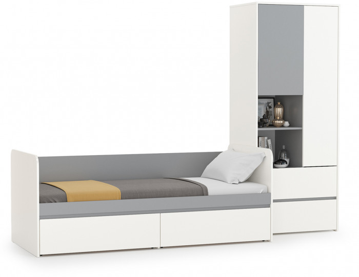 Торонто 11.39 Кровать + 13.333 Шкаф для одежды, цвет белый шагрень/стальной серый, ШхГхВ 274х84,4х195,7 см., сп. м. 800х1900 мм., б/м, основание есть