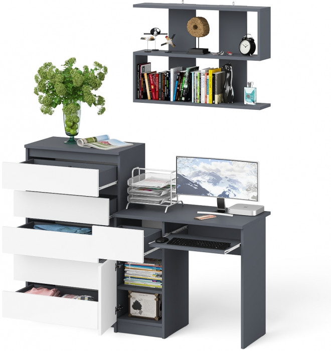 Мори компьютерный стол МС-1 левый + Комод МК700.5 + Полка 900, графит/белый