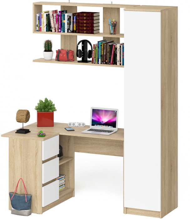 Мори компьютерный стол МС-16 левый + Пенал МШ400.1 + Полка 1200, дуб сонома/белый