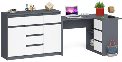 Мори компьютерный стол МС-16 правый + Комод МК1200.4, графит/белый